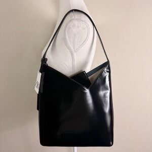 Zara Black High Shine Shoulder Bucket Bag with Removable Pouch NWT